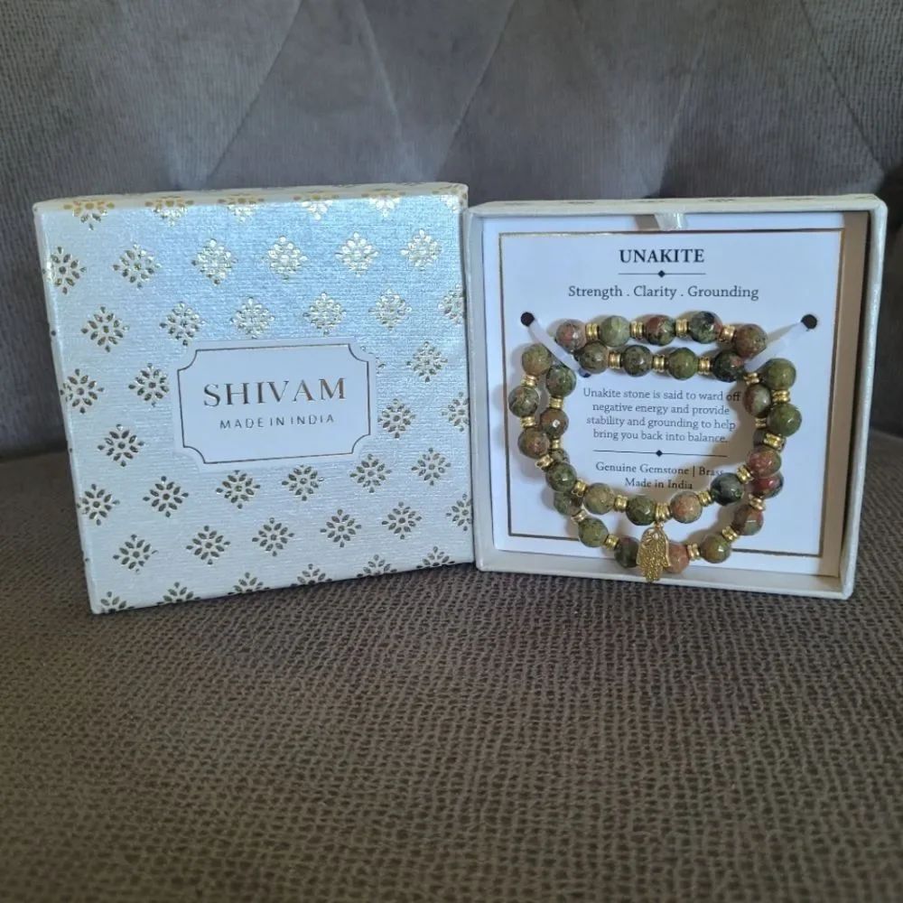Shivam Unakite Stretch Bracelet Duo✌️ with Hamsa🤚Charm - NIB